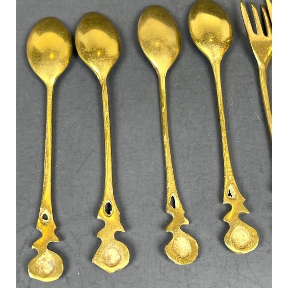 Brass Demitasse Coffee Spoon Dessert Salad Fork Gold Tone Rose Handle Set 4 VTG - Picture 7 of 13